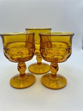 Vintage Kings Crown Indiana Glass Amber Thumbprint Wine Goblets Set of 3